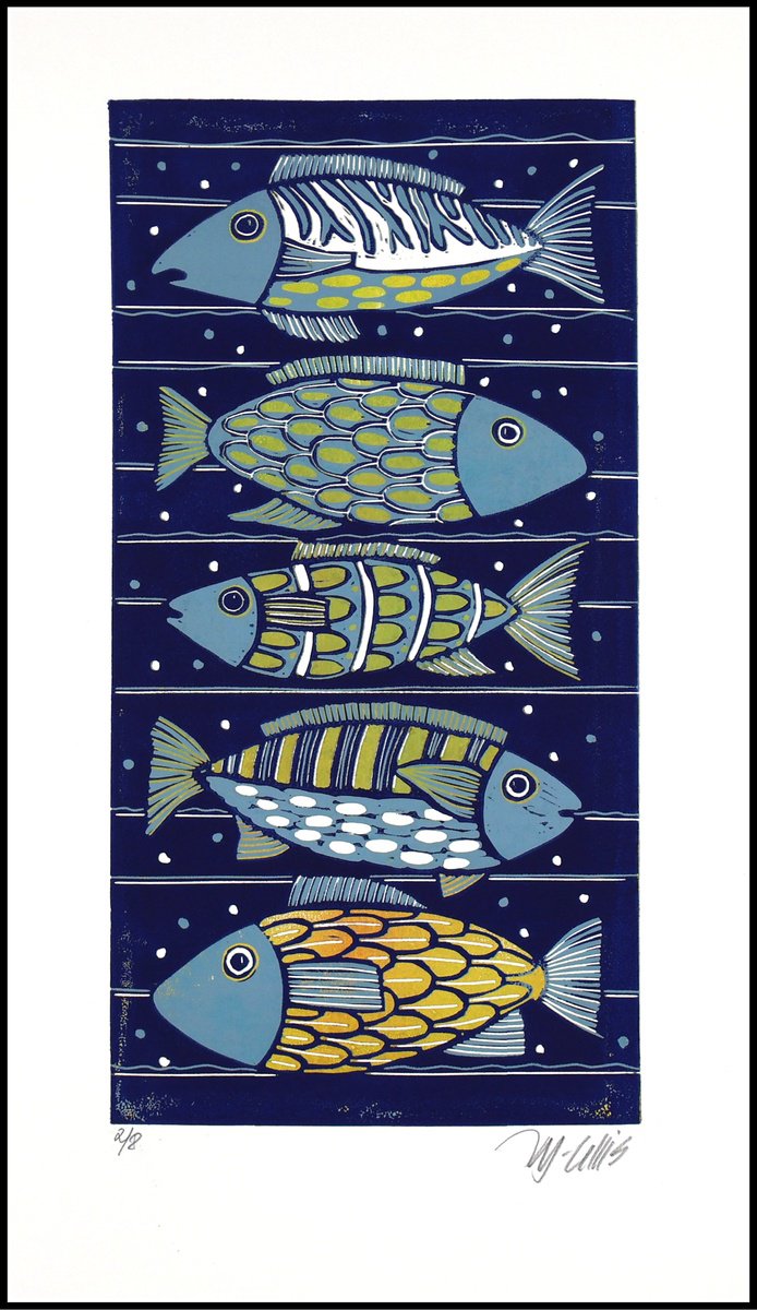 Illustrative Linocut , High Five By Mariann Johansen-Ellis, 12 X 20, Artwork For Sale On Artfinder