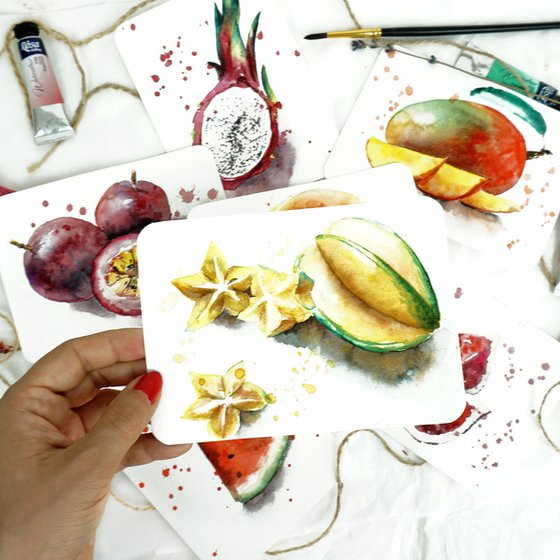 Exotic Fruits - Original Watercolor Painting Collection of 9 Mini Artworks