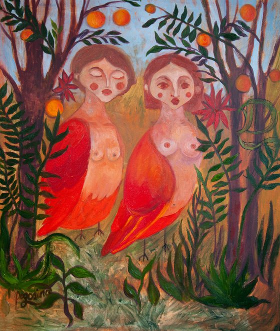 Sirens Art Modern Woman Nude, Bird Woman, canvas, oil - Garden guards 90x75 cm