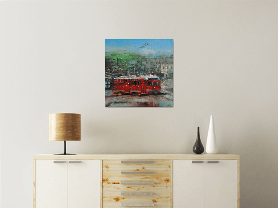 Red tram-2 (60x60cm, oil painting, ready to hang)