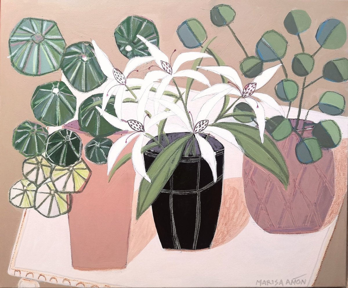 Impressionistic Botanical Painting By Marisa Anon, 26 X 21", Pottery Ii, Original Artwork