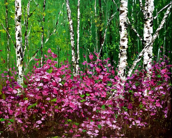 SUNNY MORNING IN THE FOREST - Summer pines. Small birches. Tea bushes. Pink labrador. Forest. Native places. Wildlife. Summer.