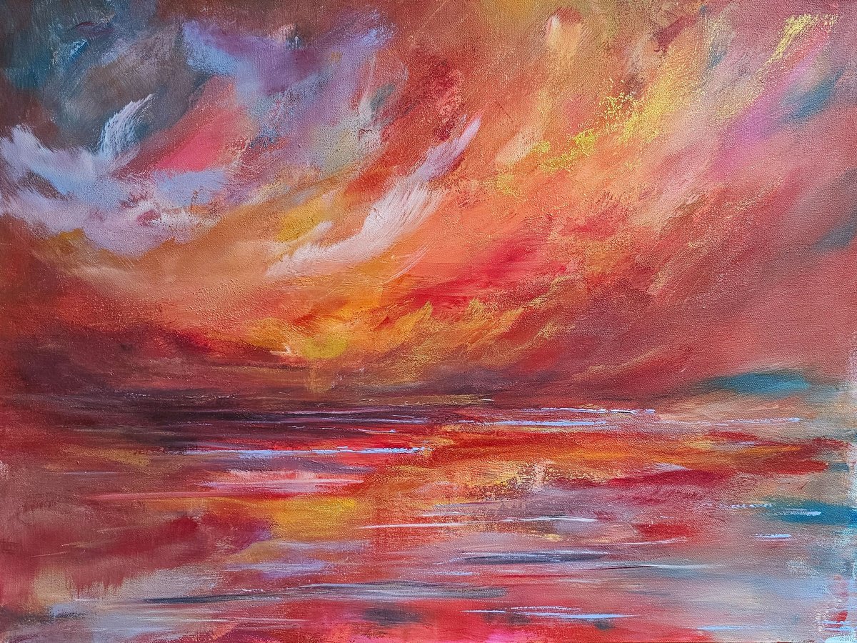 Expressive Landscape Acrylic Painting By Sophia Kuhn, 31 X 24", Serenade Of The Sea, Original Artwork