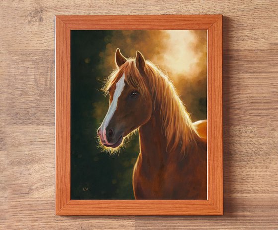 Brown horse portrait at sunset