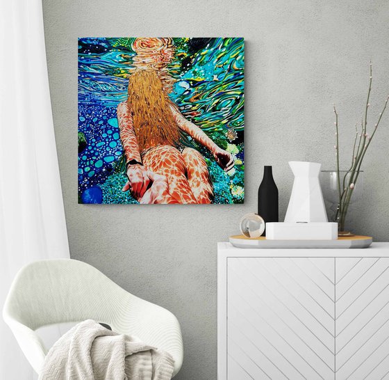 Follow me... Woman underwater sea, ocean with blue green color waves with bright sun glares. Impressionistic artwork. Original painting wall art home decor. Art Gift