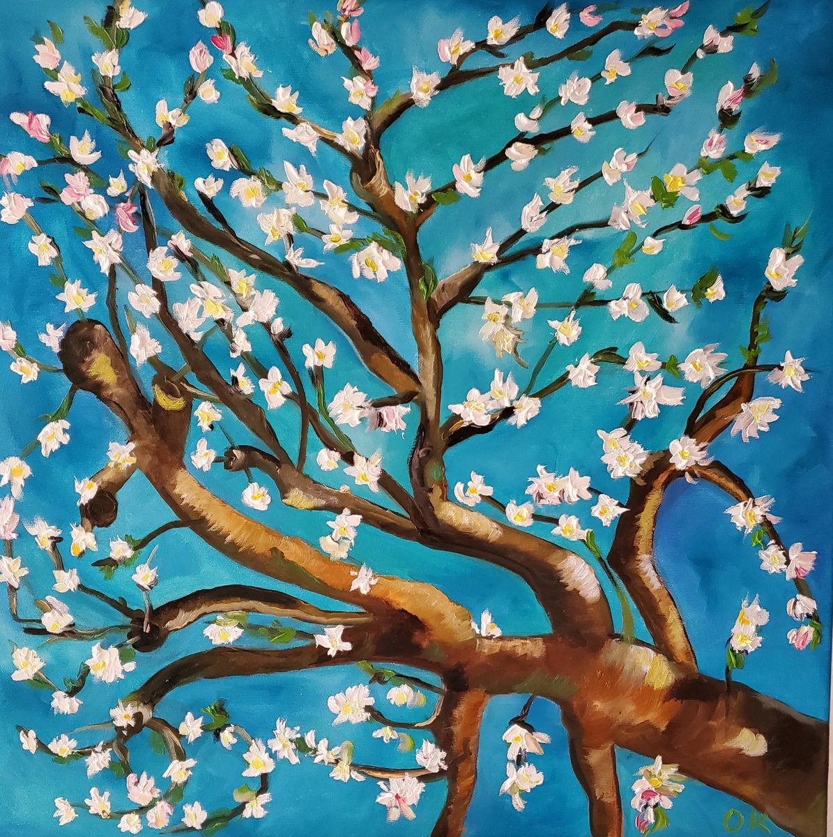 Almond blossom on turquoise inspired by Vincent Van Gogh oil painting ready to hang by Olga Koval