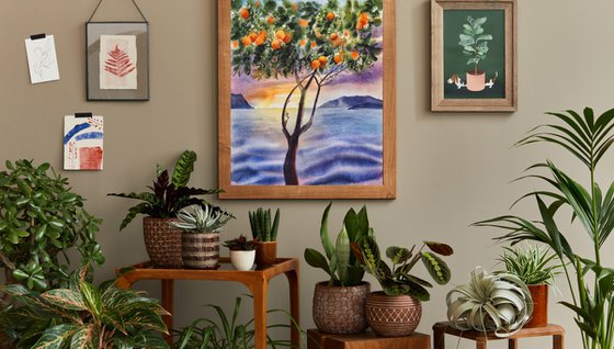 Mediterranean sunset with oranges tree