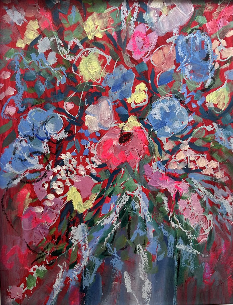 Impressionistic Botanical Oil Painting By Clare Hoath, 14 X 17, Pink And Blue Bouquet, Original Artwork