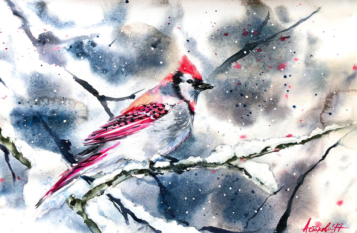 Impressionistic Animal Watercolour By Ksenia Astakhova, 18 X 12", A Pink Jay, Original Artwork
