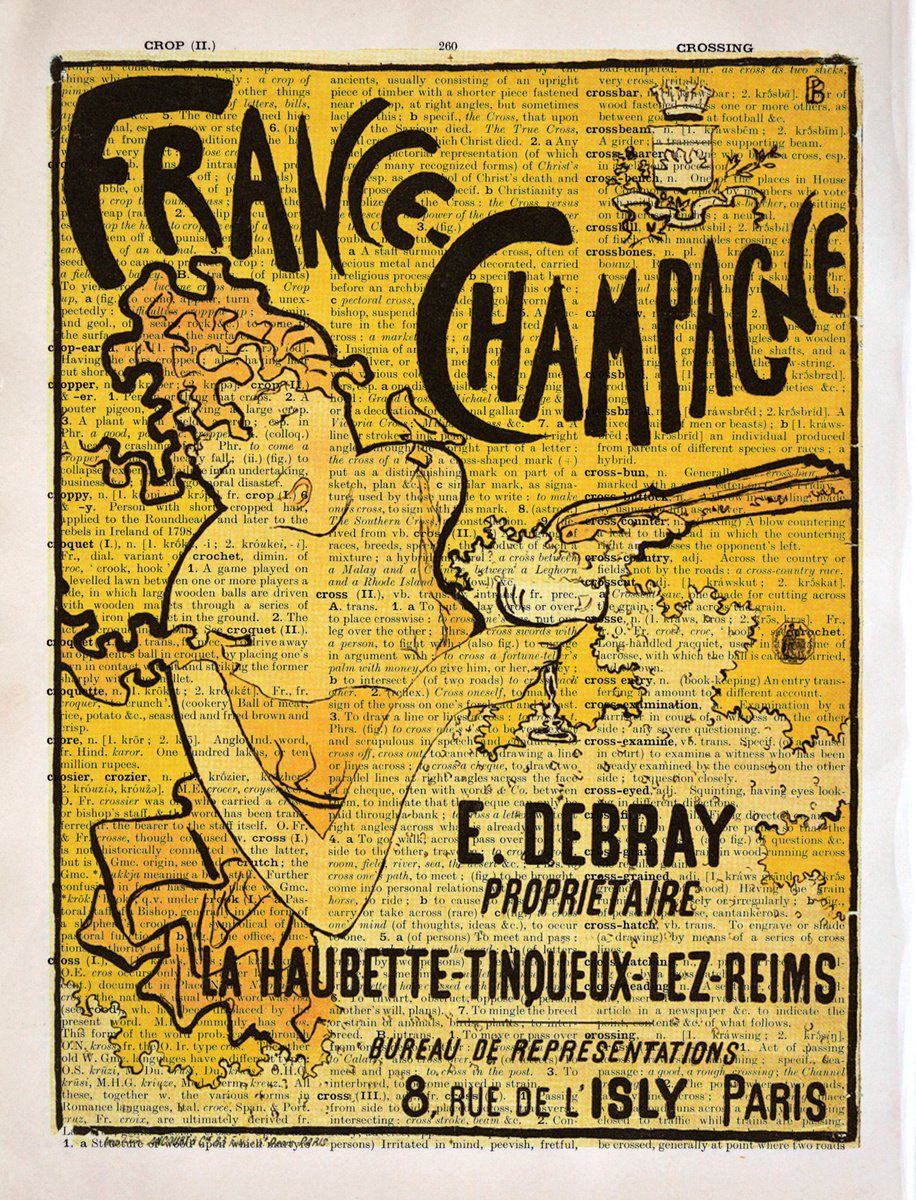 France Champagne - Collage Art Print on Large Real English Dictionary Vintage Book Page by Jakub DK - JAKUB D KRZEWNIAK