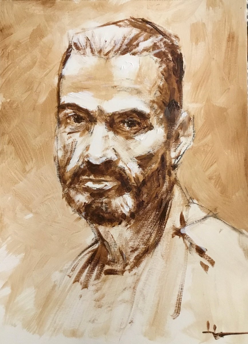 Expressive Portrait Acrylic Painting By Dominique Deve, 12 X 16, Monochrome, Original Artwork