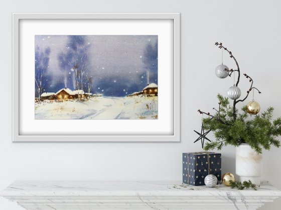 Evening in the village. Winter landscape. Original watercolor artwork.