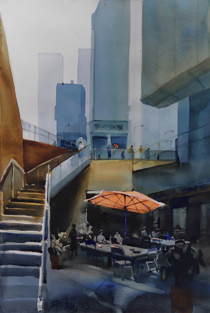 Impressionistic Cityscapes Watercolour By Prashant Prabhu, 15 X 22", Cafe In Urban Valley, Original Artwork