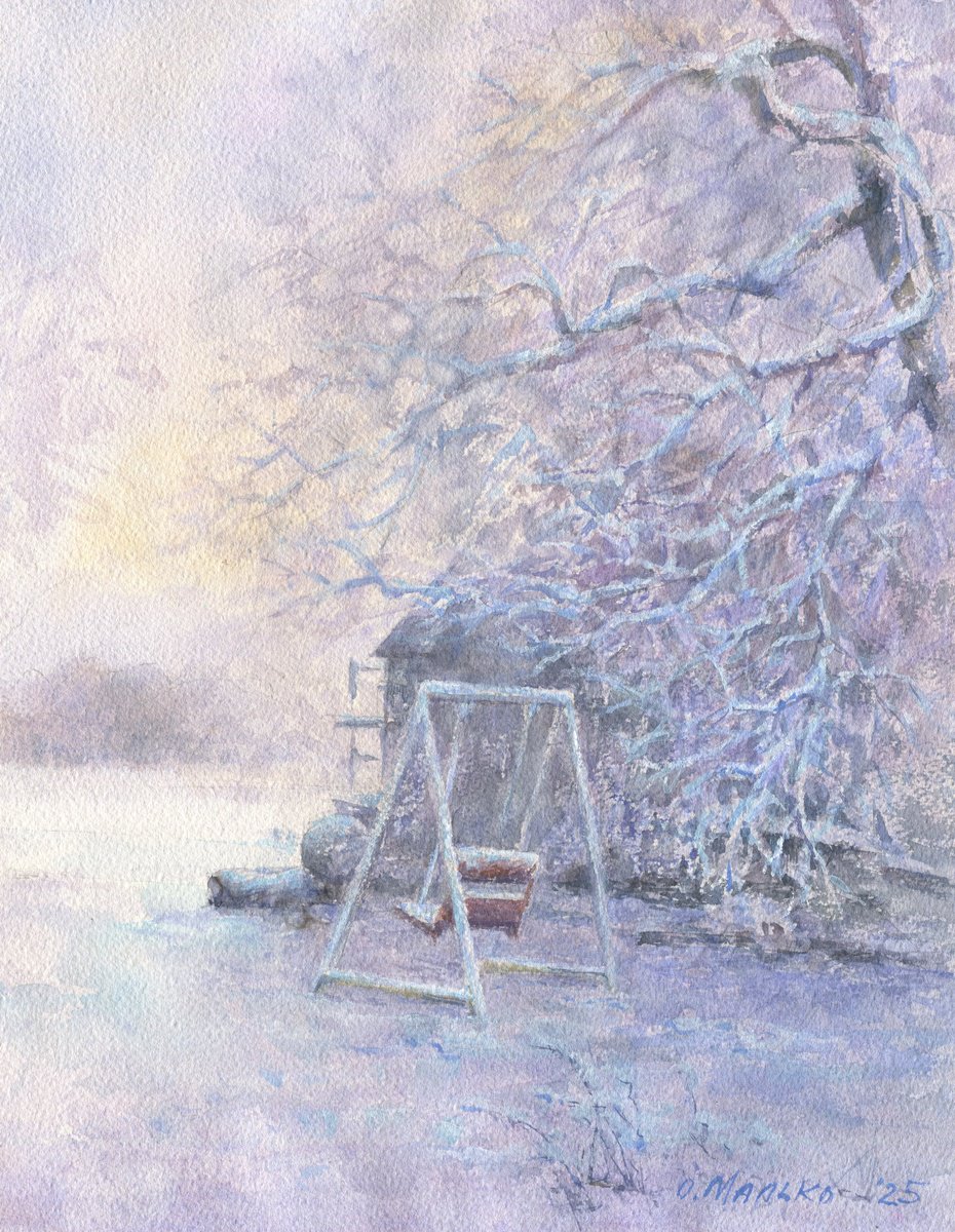 Impressionistic Landscape Watercolour By Olha Malko, 11 X 15", Winter Morning Calm, Original Artwork