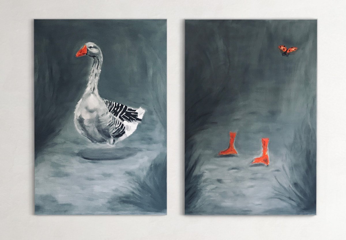 Expressive Animal Oil Painting By Marina Deryagina, 55 X 39", Unpredictable Goose, Original Artwork