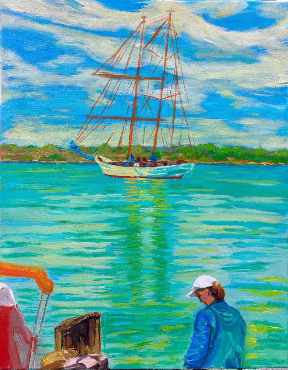 Expressive Landscape Oil Painting By Susan Stewart, 22 X 28", "Woodshole Women", Original Artwork