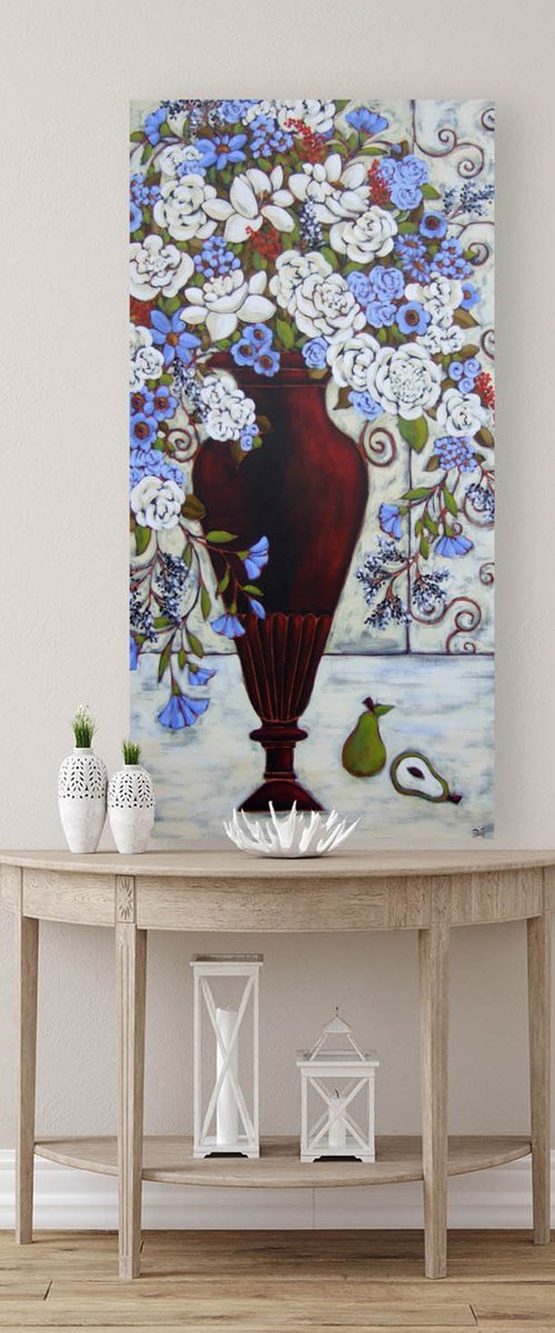 Blue and White Blooms with Pears by Karen Rieger