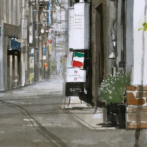 Urban Alleyway and Hanging Signs (都会の路地と吊り看板)