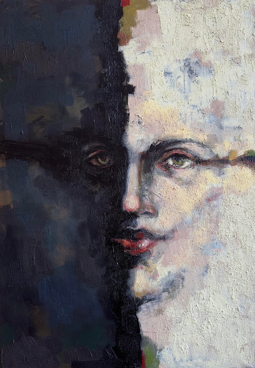 Expressive Portrait Acrylic Painting By Nikola Gulev, 28 X 39", "Demon And Saint - One Man", Original Artwork