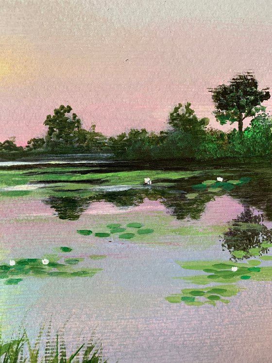 Water lily pond at pink sunset ! A4 Painting on paper