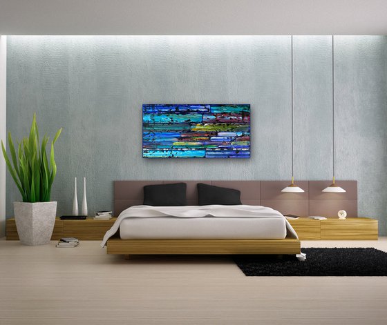 "Cooling It Down" - Original PMS Large Assemblage Sculptural Painting On Wood and Marbled Glass Backsplash Tile - 48 x 24 inches