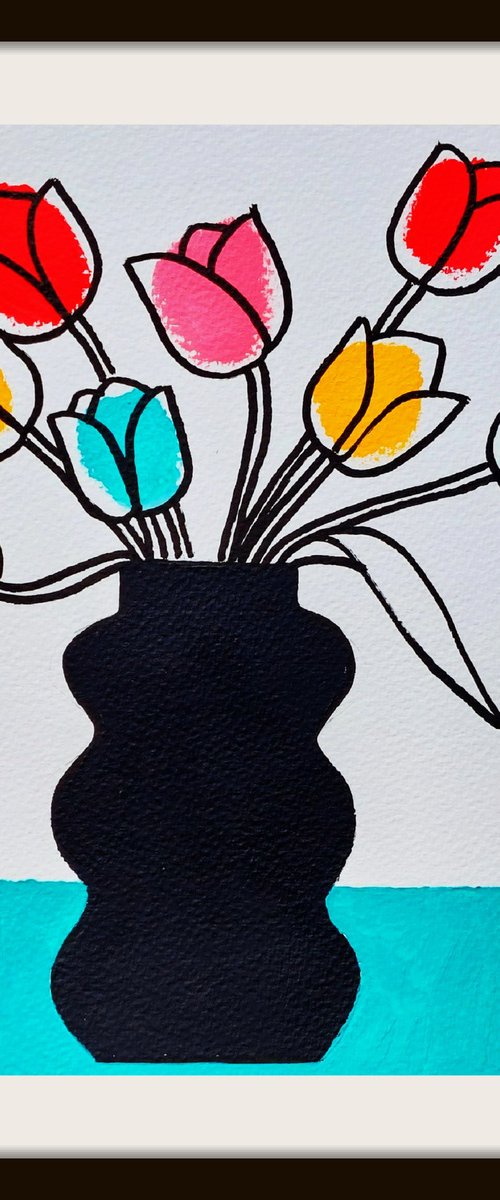 Eight Tulips in a Black Vase by Jan Rippingham