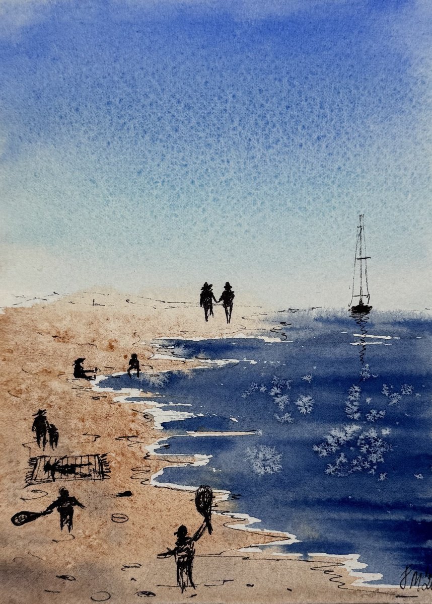 Expressive Landscape Painting By Yuliia Sharapova, 24 X 14", Diptych Sketch Beach Seagulls, Original Artwork