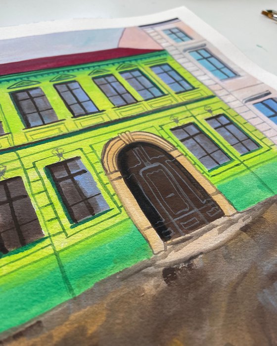 Green House Gouache Painting, Bratislava Original Artwork, Europe City Art, Slovak Wall Art, Gift for Traveller