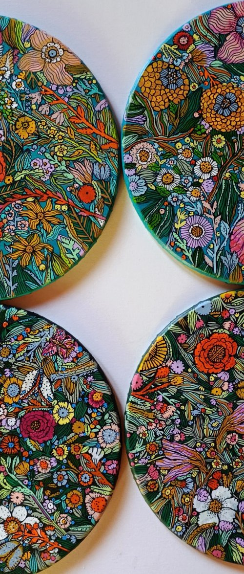 quadriptych of flowers on dark by Tetiana Osadchuk