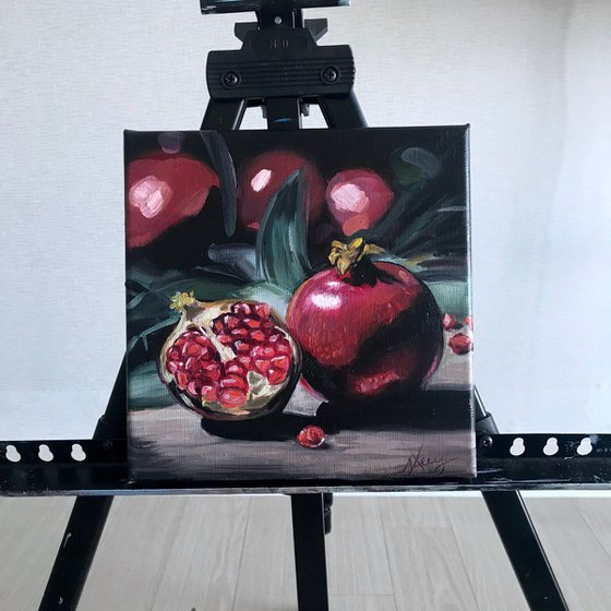 Pomegranates 4 on table still life painting 20x20