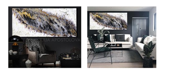 Original Abstract Painting, Black White Contemporary Art, Ready to hang Huge Painting, Large Black White Wall Art with Gold Leaf and Silver Leaf, Modern Wall Art Decor