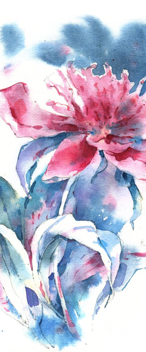 "Scent of a peony flower on a summer evening" original botanical watercolor square format by Ksenia Selianko