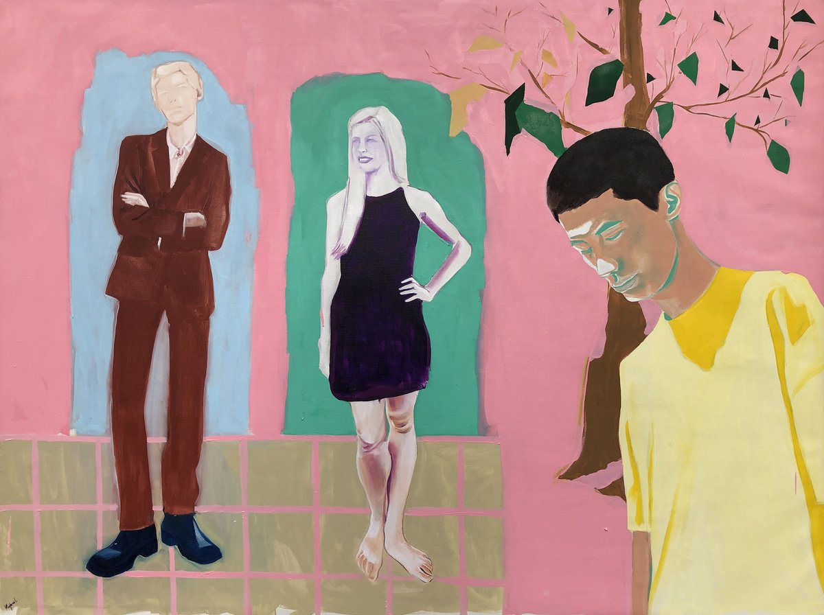 Urban And Pop Portrait Oil Painting By Kujbus Janos, 63 X 47", In Front Of Doors, Original Artwork