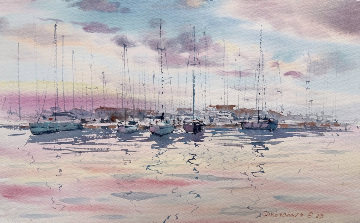 Yachts on the pier in a pink sunset by Eugenia Gorbacheva