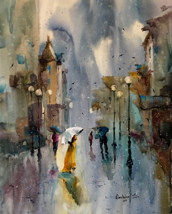 SOLD Watercolor “Sudden rain. Moody nature@