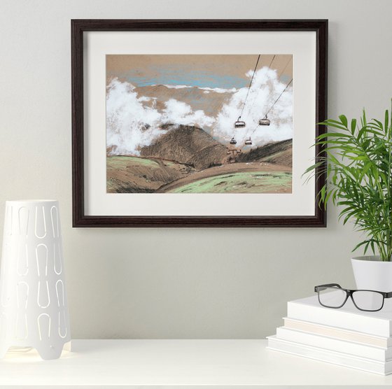 Drawing landscape. Above the clouds. In the mountains