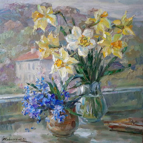 Oil painting Flowers on the window