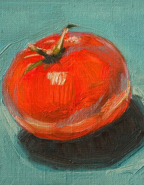 modern still life of very red tomato on a blue background by Olivier Payeur