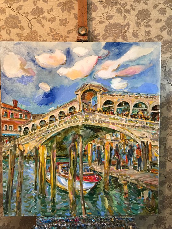 VENICE, RIALTO BRIDGE - Venice cityscape, landscape  - original painting, oil on canvas, architecture, bridge, water, love, vacations , interior home decor