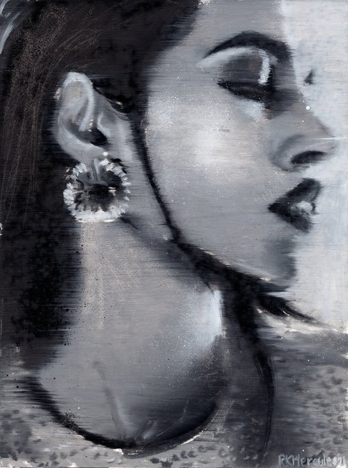 Pooja | Black and white high fashion woman oil painting on paper portrait earrings | beautiful powerful lady by Renske Karlien Hercules
