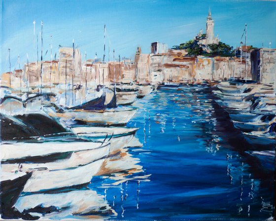 Marseille. Original oil painting from the harbor. Sea france blue Mediterranean boats ships white landscape seascape