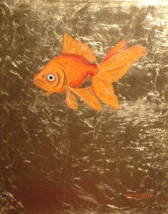 My Little Golden Goldfish Oil Painting on Lacquered Golden Leaf Canvas Frame