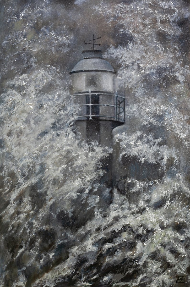 Expressive Landscape Oil Painting By Liudmila Pisliakova, 24 X 36", Lighthouse, Original Artwork