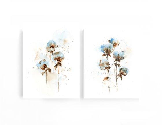 Cotton Flowers Watercolor Painting Diptych, Abstract Cotton Buds Floral Painting Set of 2