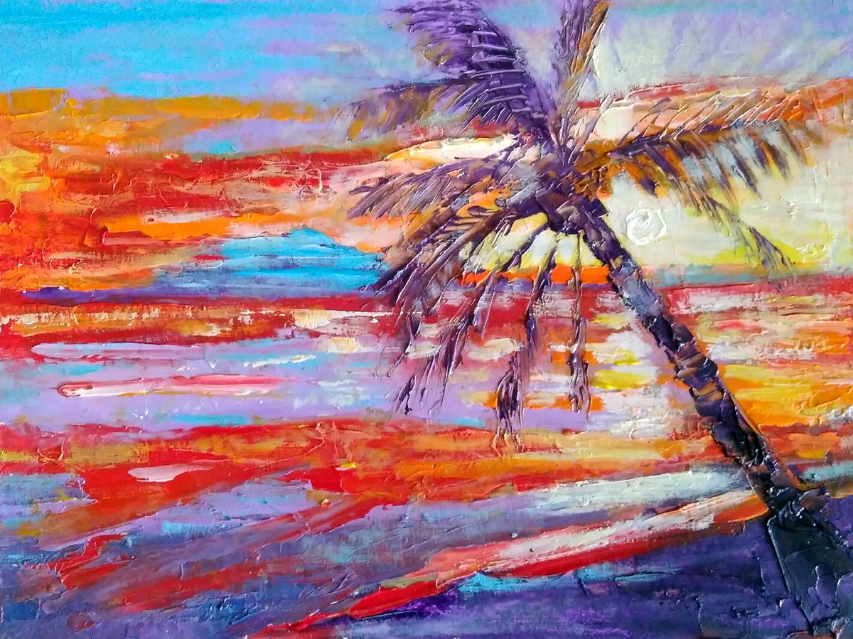 Hawaii Painting Palm Tree Original Art Seascape Impasto Oil Painting Boat Small Artwork by Yulia Berseneva