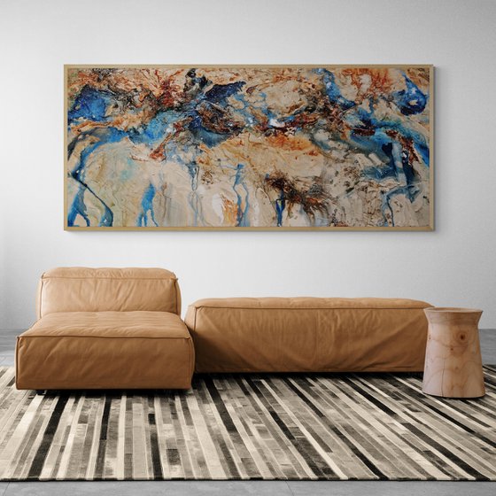 Australian Class 240cm x 100cm Blue Cream Textured Abstract Art