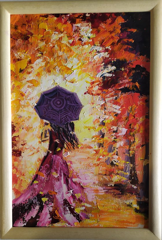 Autumn tango, original girl umbrella oil painting, Gift, art for home, for sale