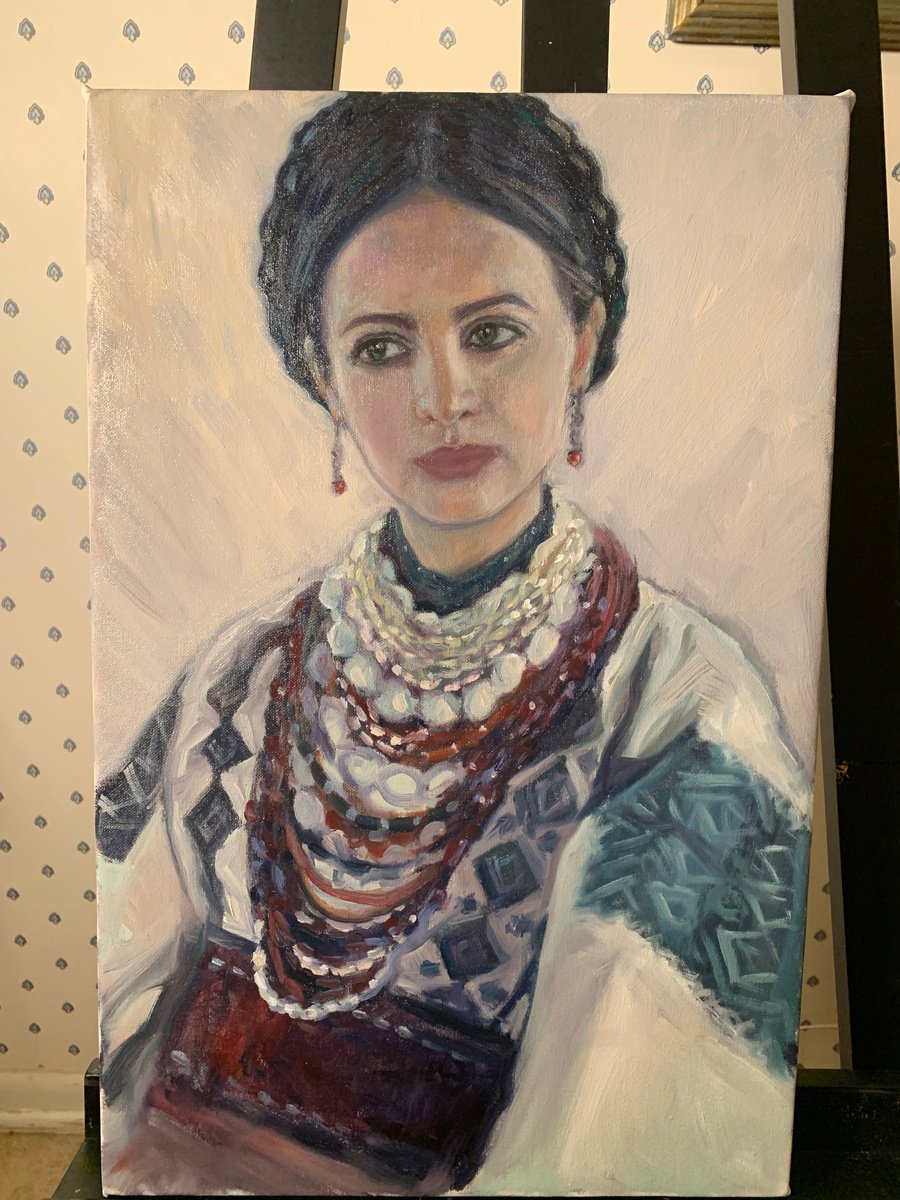 Photorealistic Portrait Oil Painting By Nataliia Zaharuk, 13 X 20", Red And Green, Original Artwork