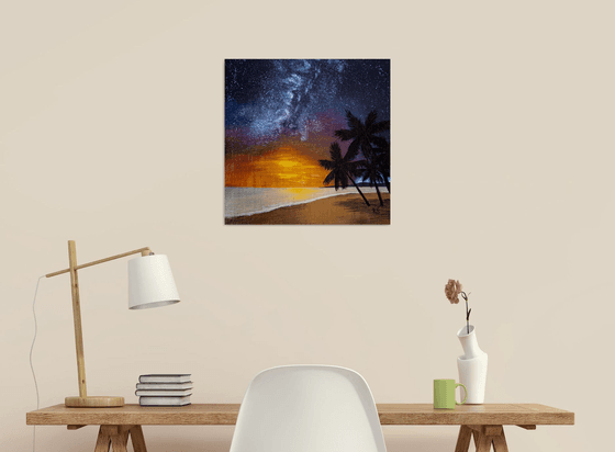 EVENING ATMOSPHERE - square seascape, summer in tropics, sea shore, beach,  California, Miami Beach, sunset under the sea Acrylic painting by Rimma  Savina