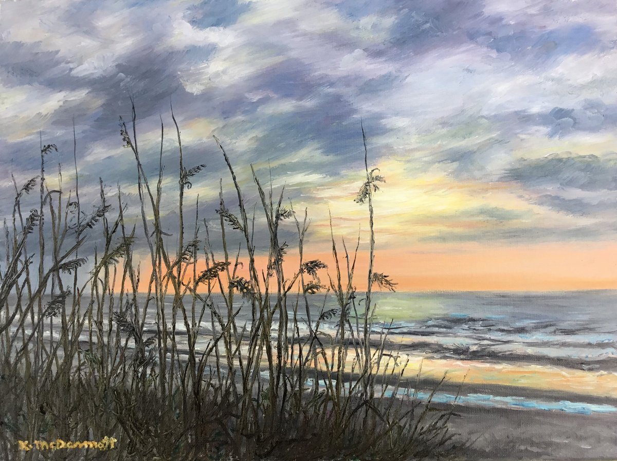 Photorealistic Landscape Oil Painting By Kathleen Mcdermott, 16 X 12", Beach Dawn Raining Out To Sea, Original Artwork